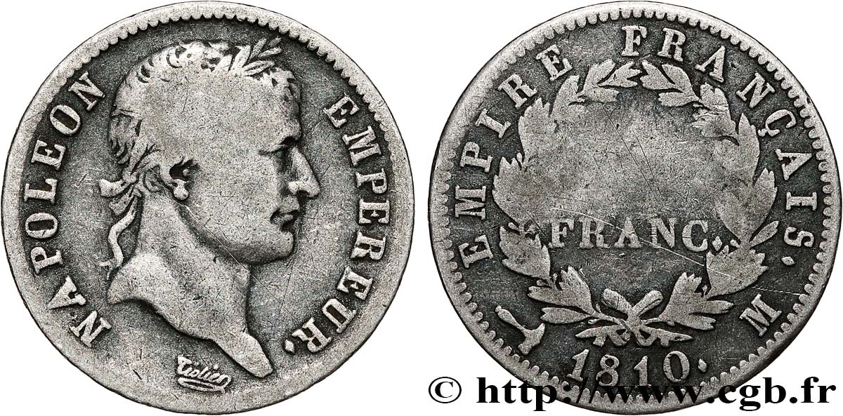 1 franc Napoléon Ier tête laurée, Empire français 1810 Toulouse F.205/23 B12 