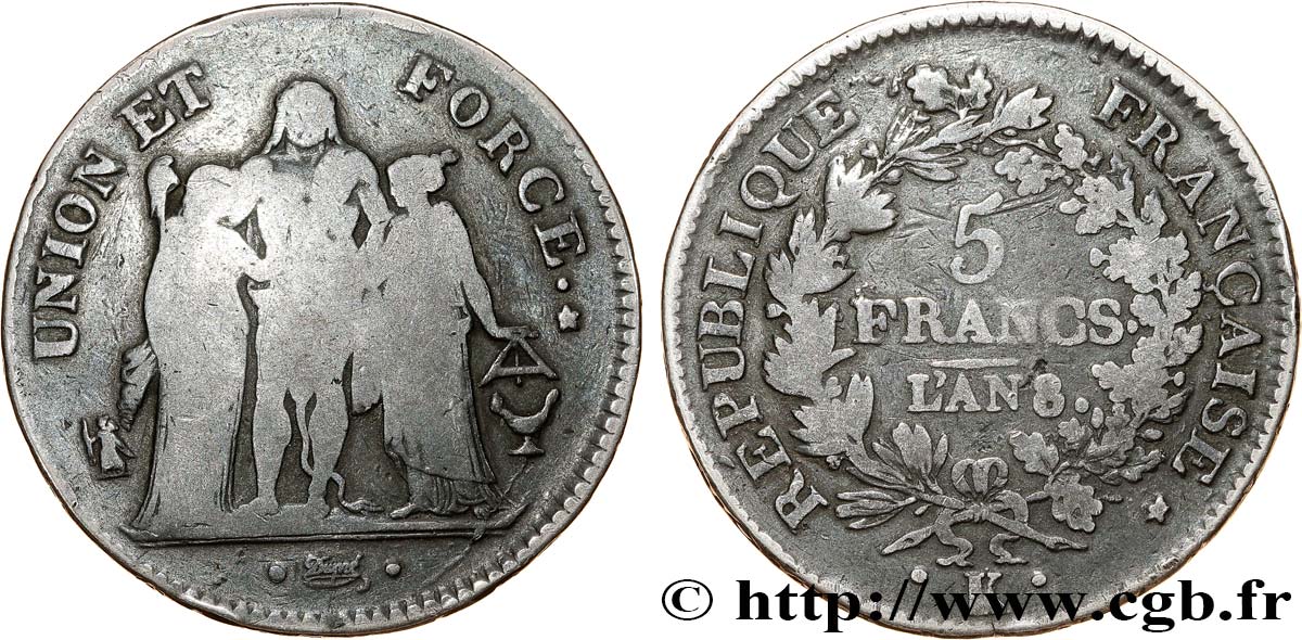 5 francs Union et Force, Union serré, avec glands intérieurs et gland extérieur 1800 Bordeaux F.288/133 RC+ 