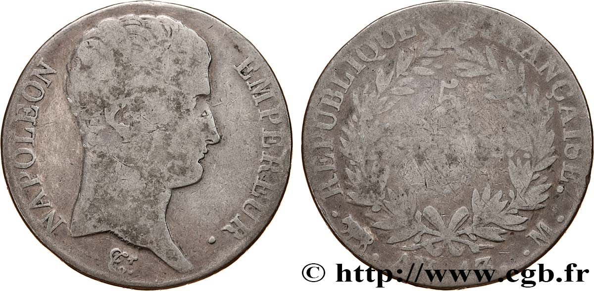 5 francs Napoléon Empereur, Calendrier révolutionnaire 1805 Toulouse F.303/13 VG8 