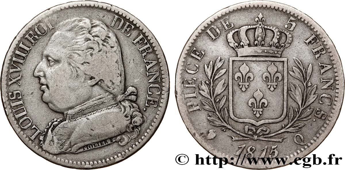 5 francs Louis XVIII, buste habillé 1815 Perpignan F.308/29 TB25 