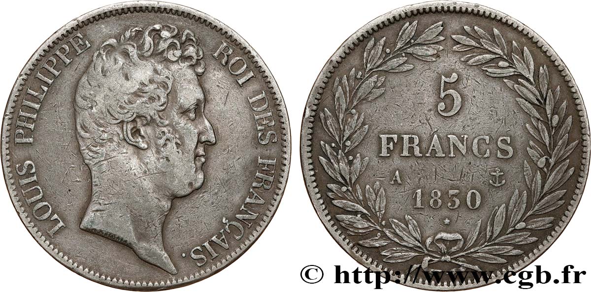 5 francs type Tiolier sans le I, tranche en creux 1830 Paris F.313/1 q.BB 