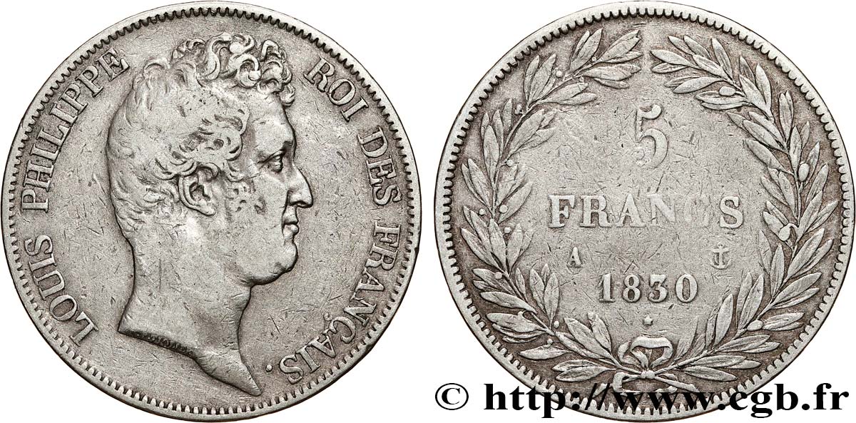 5 francs type Tiolier sans le I, tranche en creux 1830 Paris F.313/1 BC+ 