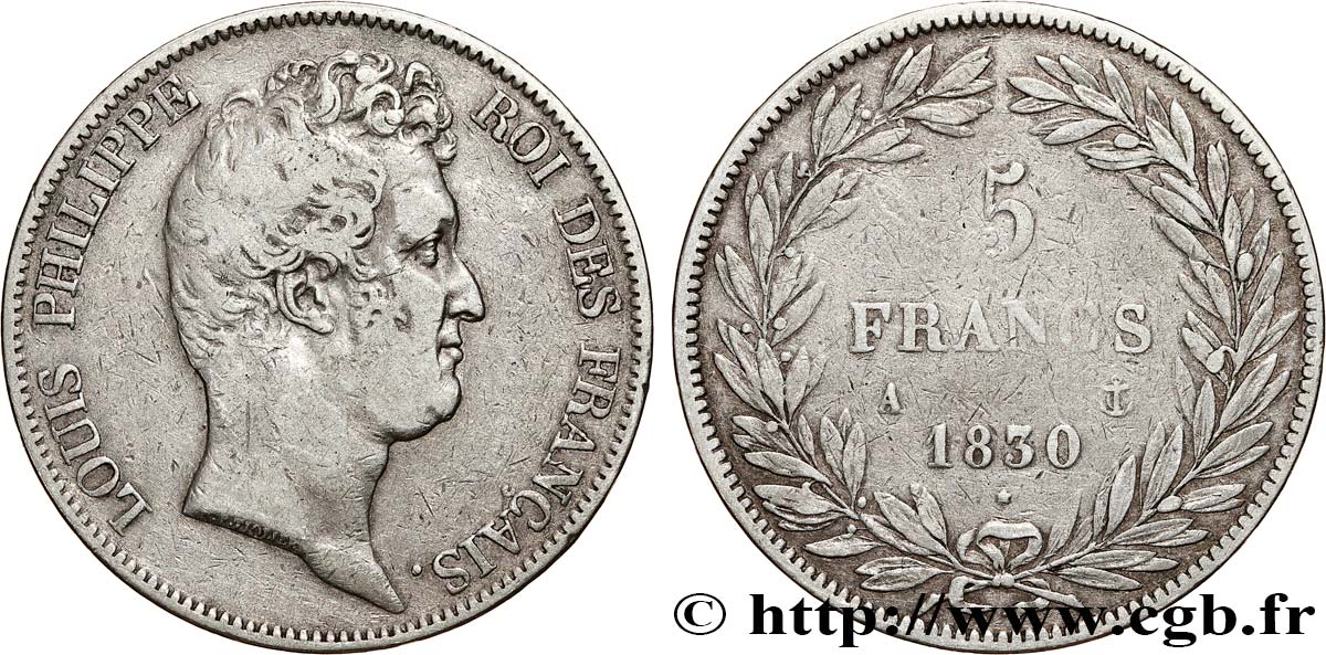 5 francs type Tiolier sans le I, tranche en creux 1830 Paris F.313/1 fSS 