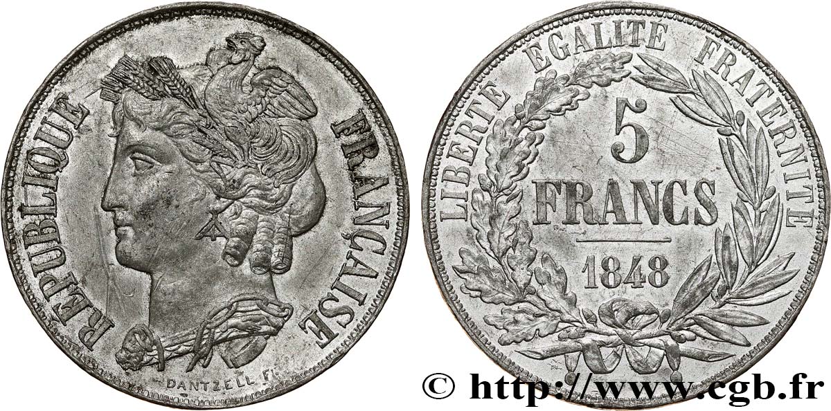 Concours de 5 francs, essai en étain par Dantzell, frappe monnaie 1848 Paris VG.3067 var. VZ 