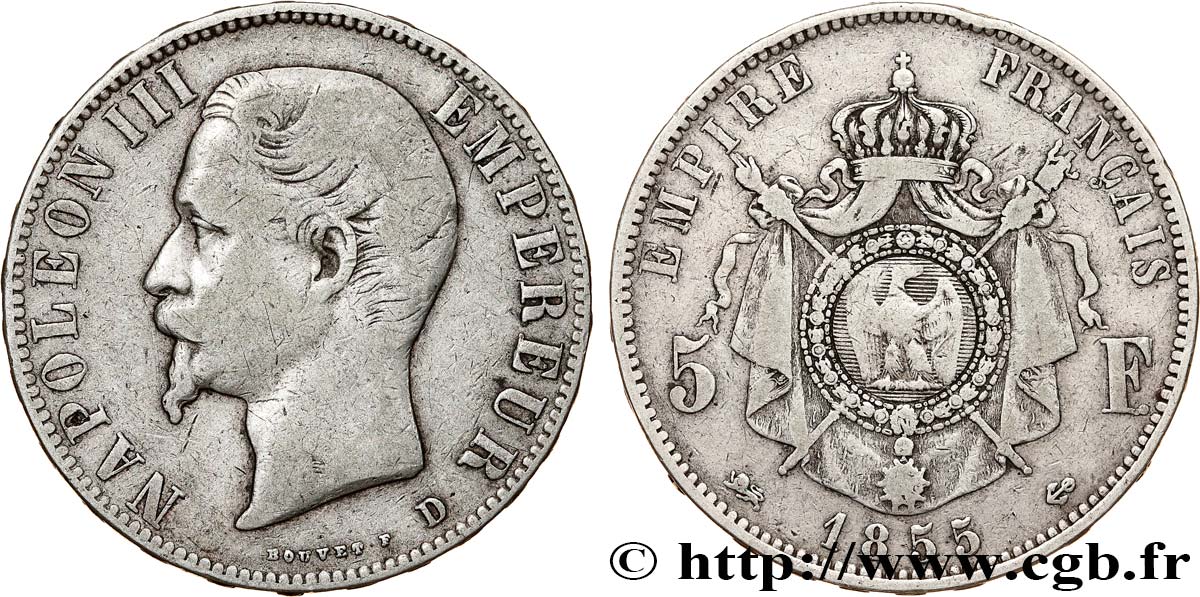 5 francs Napoléon III, tête nue 1855 Lyon F.330/5 TB25 