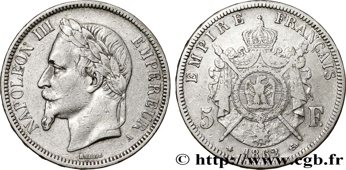 5 francs Napoléon III, tête laurée 1862 Paris F.331/3 TB+ 