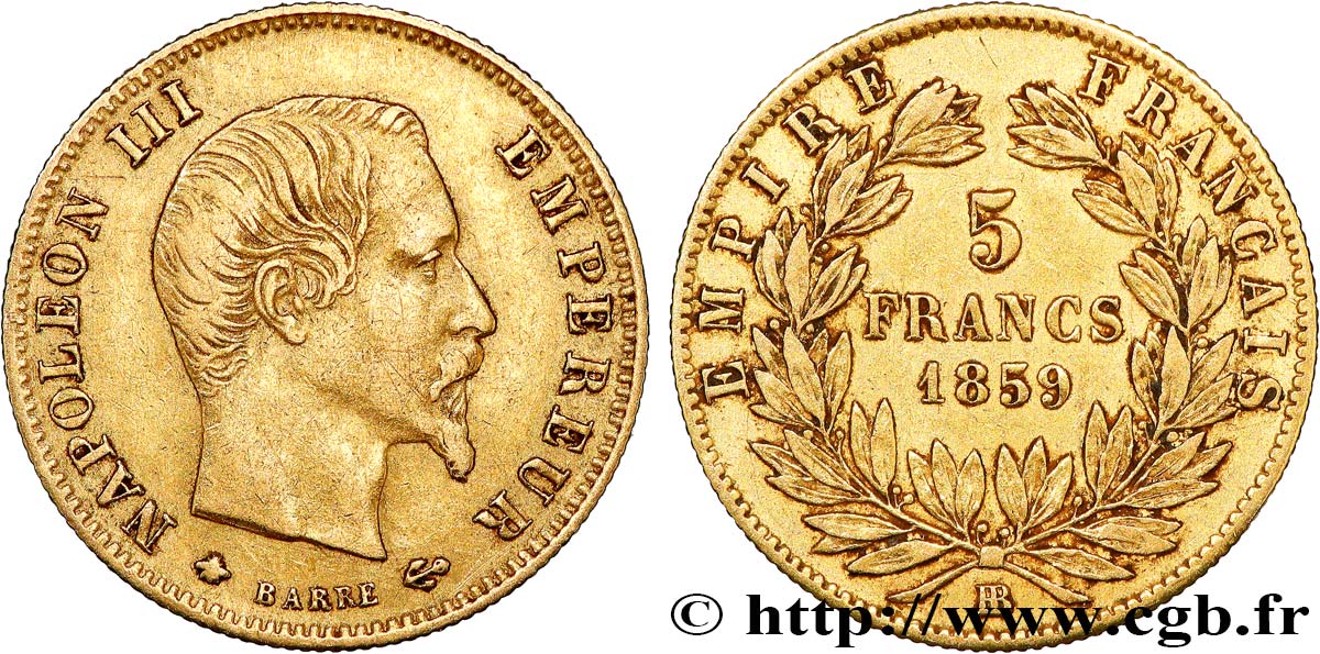 5 francs or Napoléon III, tête nue, grand module 1859 Strasbourg F.501/8 TB+ 