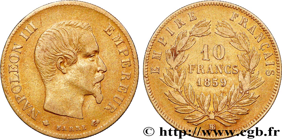 10 francs or Napoléon III, tête nue 1859 Strasbourg F.506/8 TB 