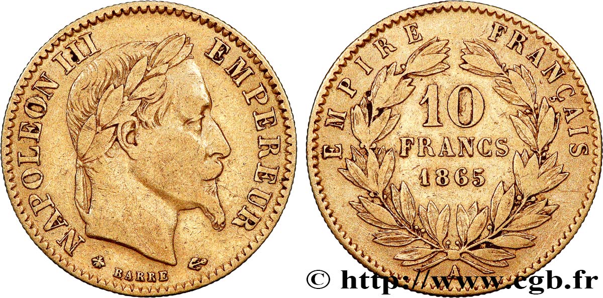 10 francs or Napoléon III, tête laurée 1865 Paris F.507A/9 TB 