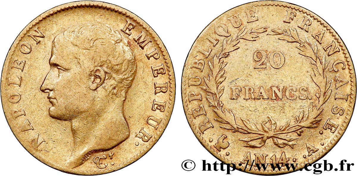 20 francs or Napoléon tête nue, Calendrier révolutionnaire 1805 Paris F.512/5 TB+ 