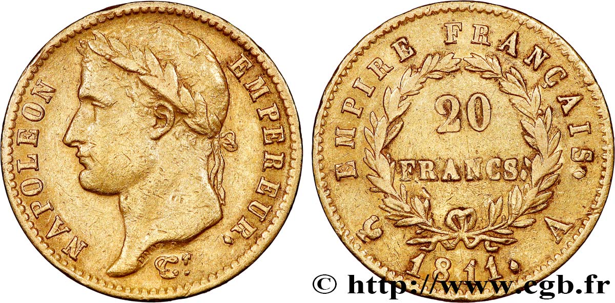 20 francs or Napoléon, tête laurée, Empire français 1811 Paris F.516/16 TTB 