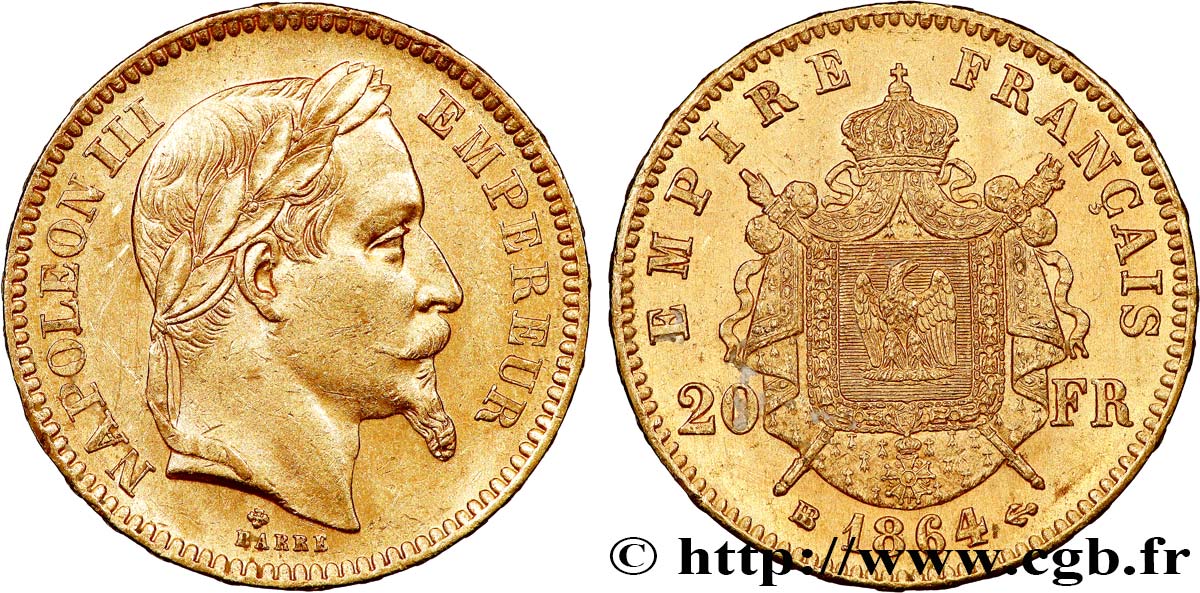 20 francs or Napoléon III, tête laurée 1864 Strasbourg F.532/9 AU 
