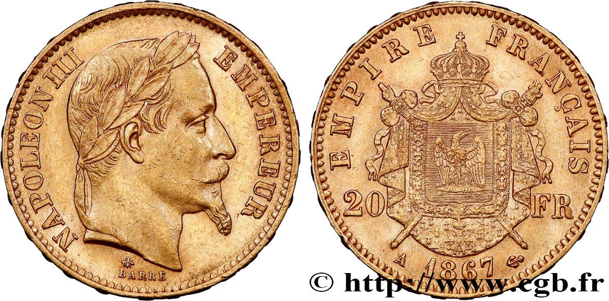 20 francs or Napoléon III, tête laurée 1867 Paris F.532/15 TTB+ 