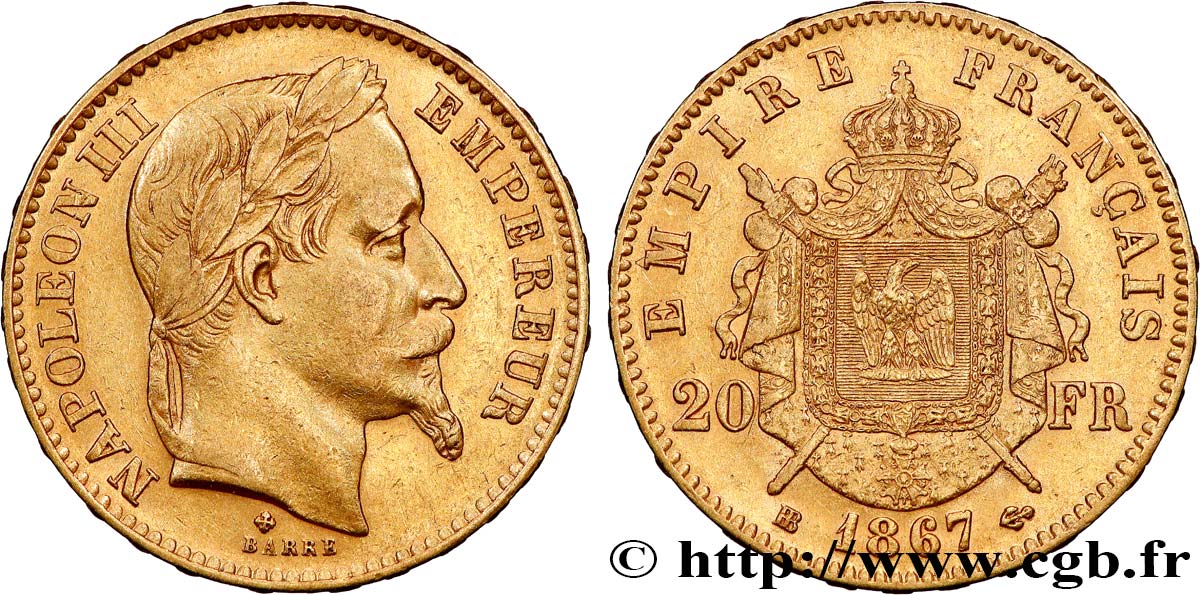 20 francs or Napoléon III, tête laurée 1867 Strasbourg F.532/16 TTB 