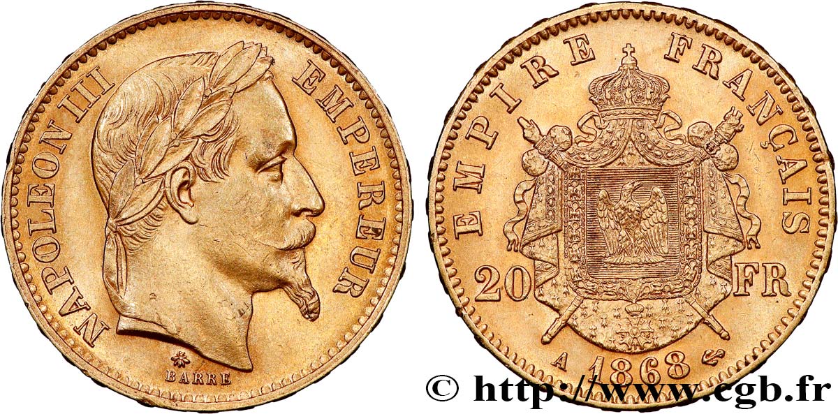 20 francs or Napoléon III, tête laurée 1868 Paris F.532/18 VZ55 