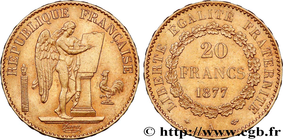20 francs or Génie, Troisième République 1877 Paris F.533/5 AU53 
