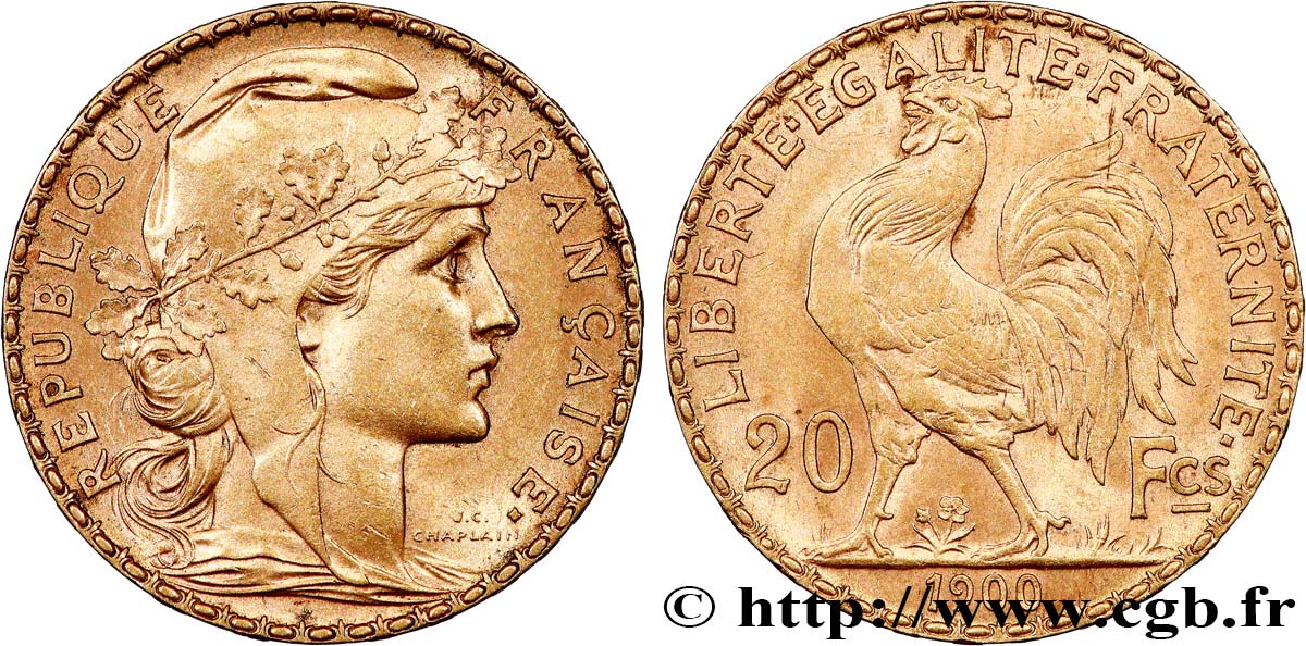 20 francs or Coq, Dieu protège la France 1900 Paris F.534/4 AU55 