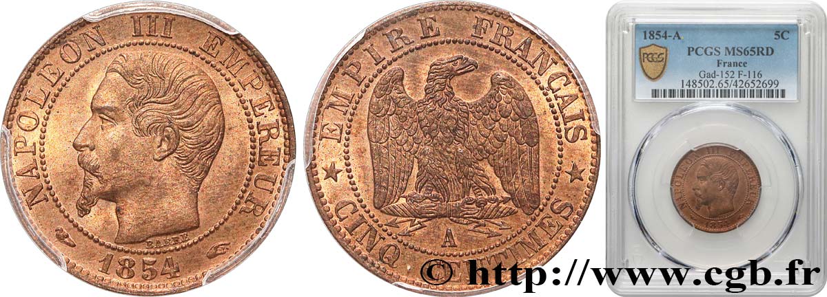 Cinq centimes Napoléon III, tête nue 1854 Paris F.116/8 FDC65 PCGS