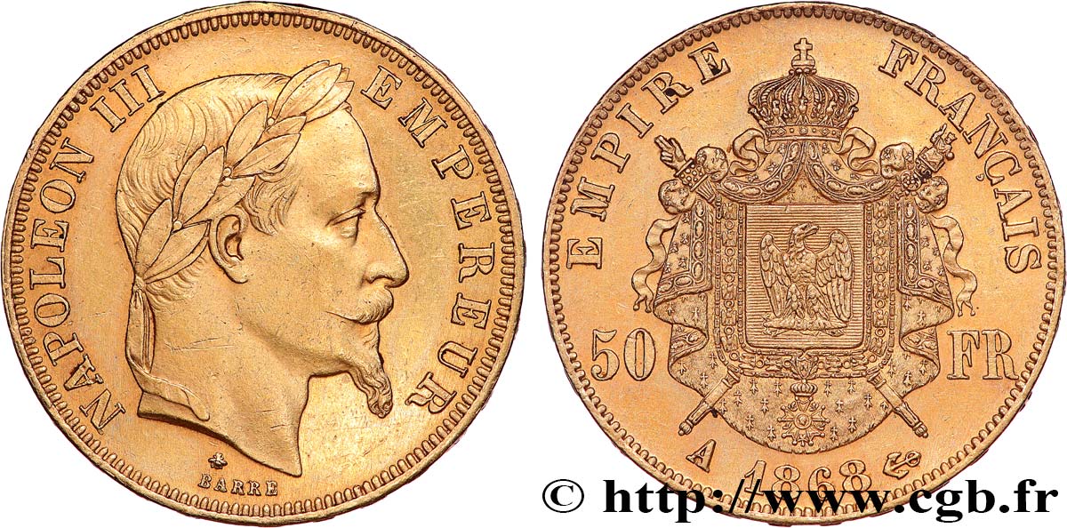 50 francs or Napoléon III, tête laurée 1868 Paris F.548/10 SUP 