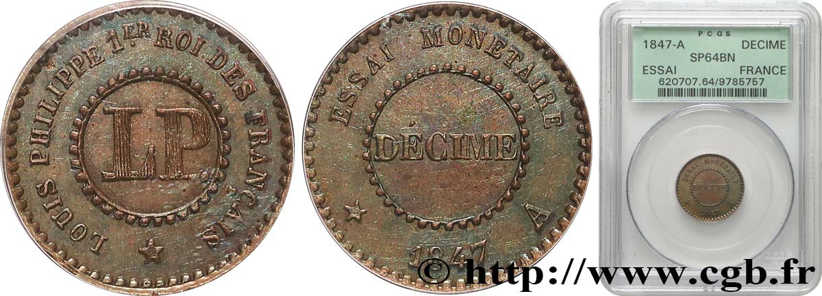 Essai bimétallique de un décime  1847 Paris VG.2996  SPL64 PCGS