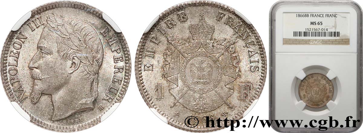 1 franc Napoléon III, tête laurée 1866 Strasbourg F.215/4 ST65 NGC