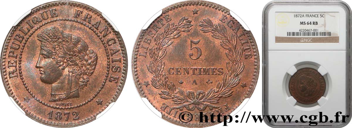 5 centimes Cérès 1872 Paris F.118/4 SPL64 NGC