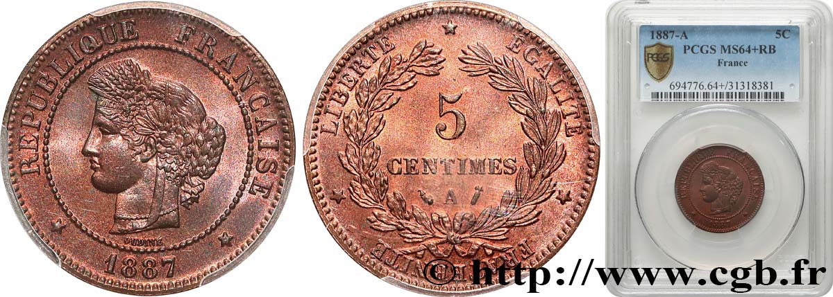 5 centimes Cérès 1887 Paris F.118/29 SPL64 PCGS