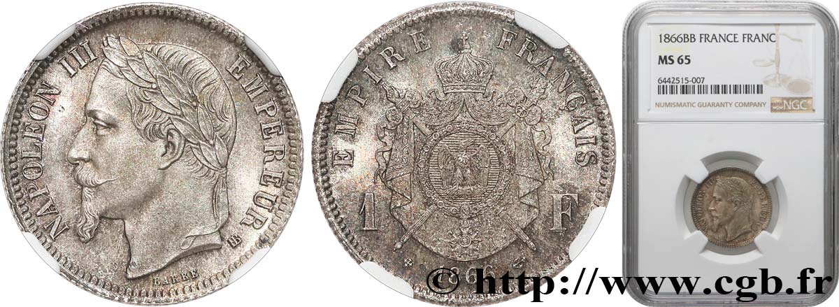 1 franc Napoléon III, tête laurée 1866 Strasbourg F.215/4 MS65 NGC