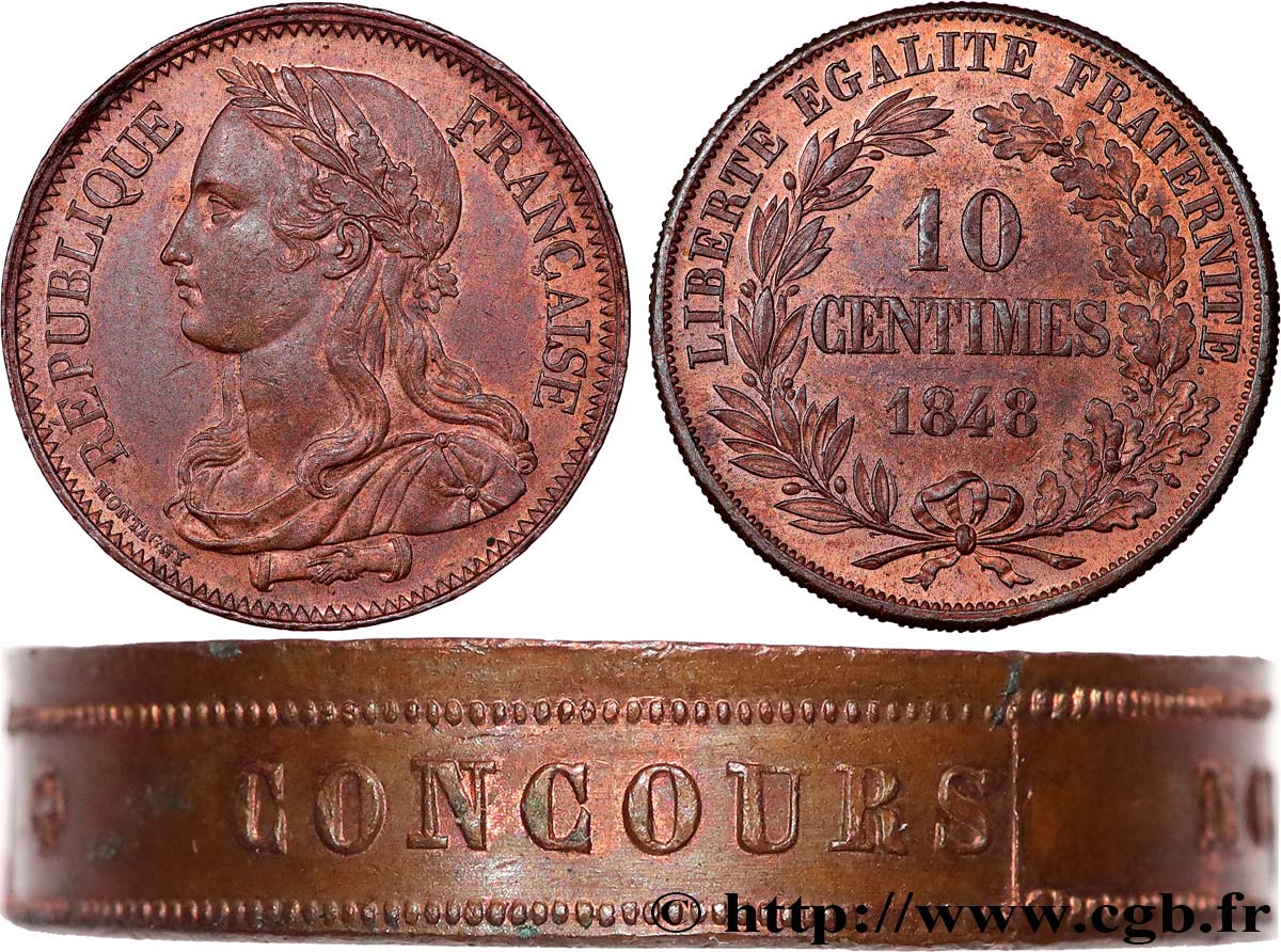 Concours de 10 centimes, piéfort au quadruple de Montagny, premier revers, tranche inscrite 1848 Paris VG.3166 var. SPL62 
