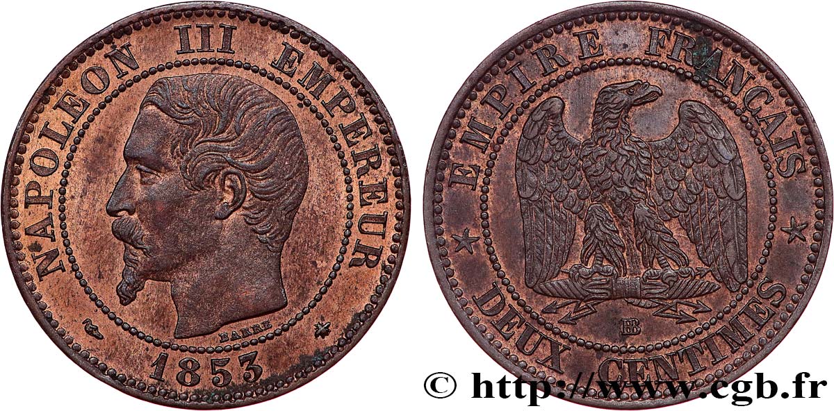 Deux centimes Napoléon III, tête nue 1853 Strasbourg F.107/3 SPL+ 