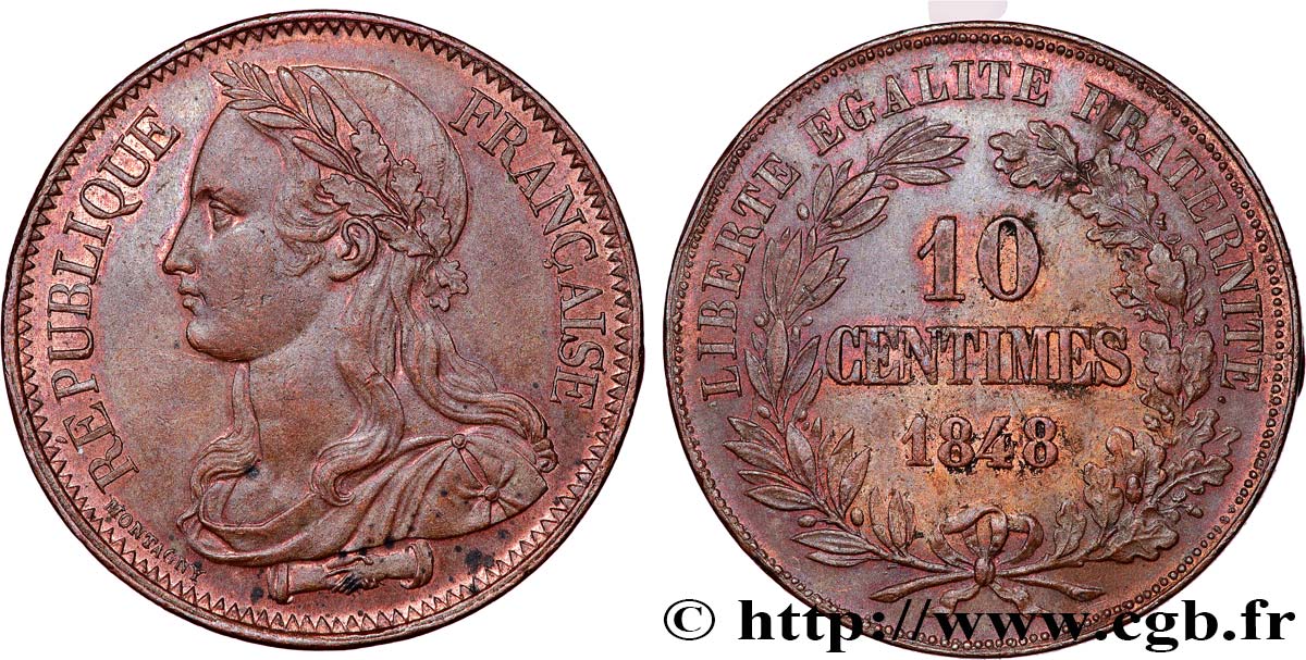 Concours de 10 centimes, essai en cuivre par Montagny, premier revers 1848 Paris VG.3147  VZ60 