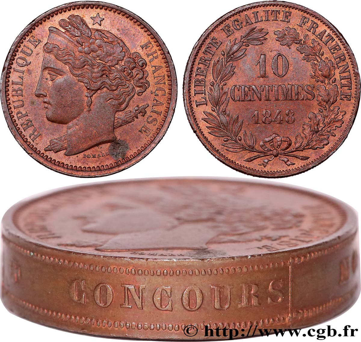 Concours de 10 centimes, piéfort au quadruple de Domard, premier revers, tranche inscrite 1848 Paris VG.3138 var. EBC 