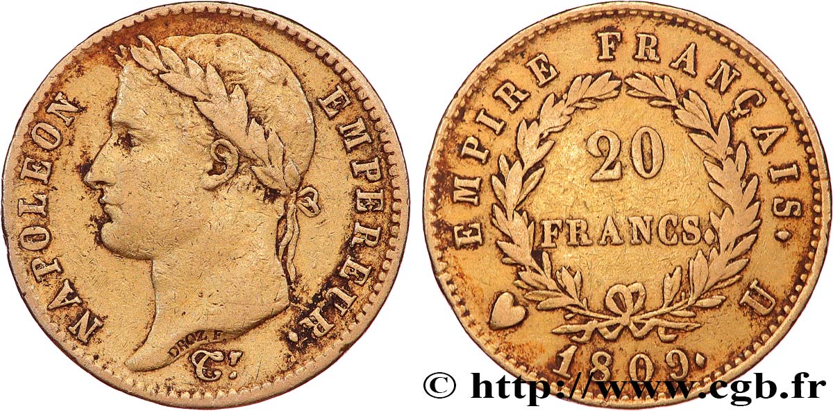 20 francs or Napoléon tête laurée, Empire français 1809 Turin F.516/6 TB+ 