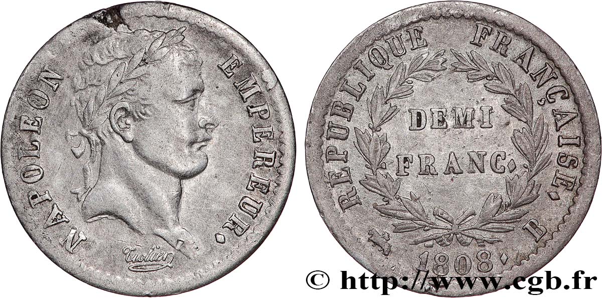 Demi-franc Napoléon Ier tête laurée, République française, buste fin 1808 Rouen F.177/3 TB+ 