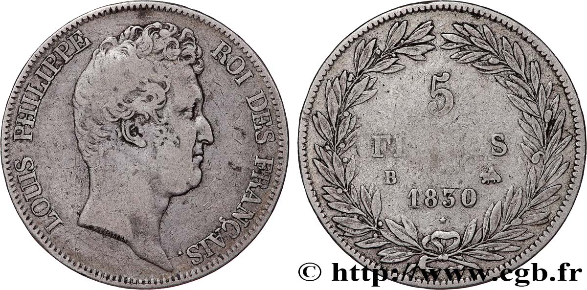 5 francs type Tiolier sans le I, tranche en creux 1830  Rouen F.313/2 MB25 
