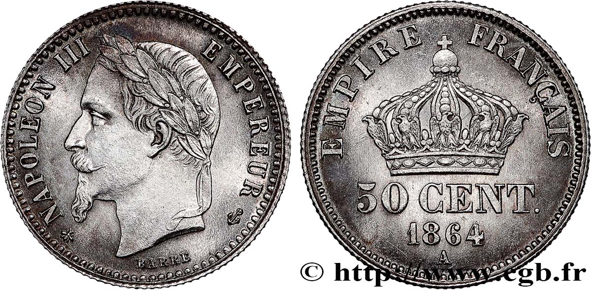 50 centimes Napoléon III, tête laurée 1864 Paris F.188/2 fST 