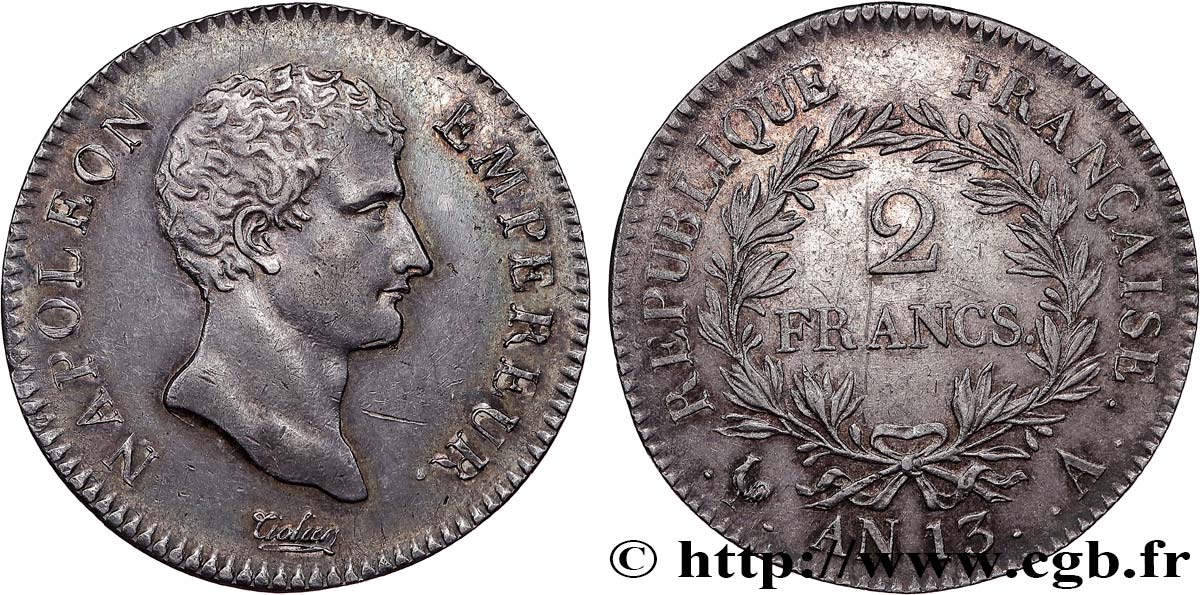 2 francs Napoléon Empereur, Calendrier révolutionnaire 1805 Paris F.251/12 EBC 