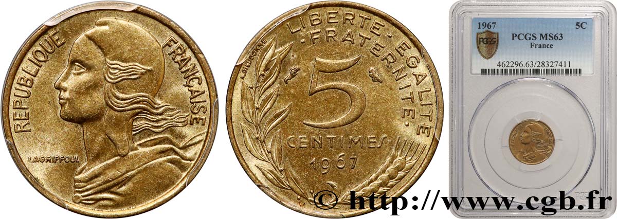 5 centimes Marianne 1967 Paris F.125/3 SPL63 PCGS
