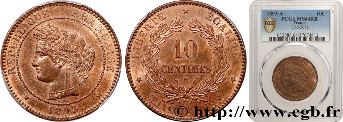 10 centimes Cérès 1893 Paris F.135/38 SPL64 PCGS