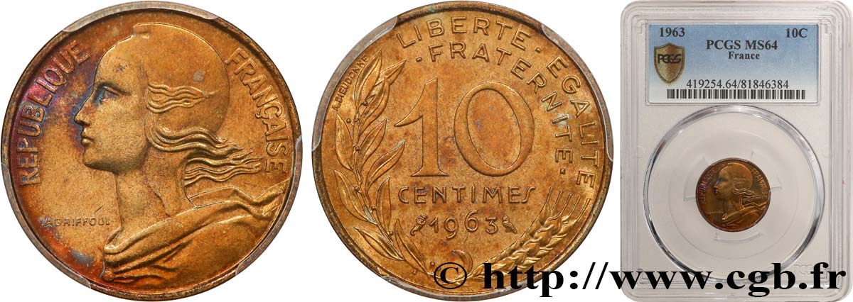 10 centimes Marianne 1963 Paris F.144/3 fST64 PCGS