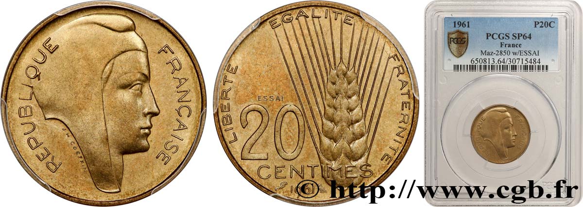 Essai du concours de 20 centimes par Coeffin 1961 Paris GEM.55 6 MS64 PCGS
