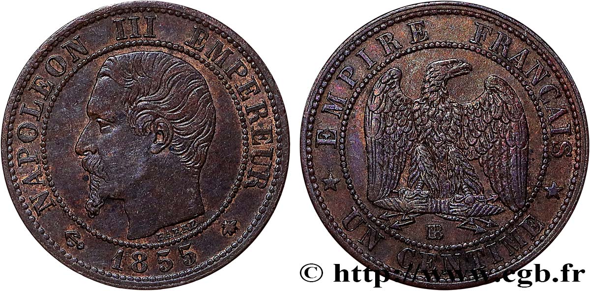 Un centime Napoléon III, tête nue 1855 Strasbourg F.102/18 SS50 