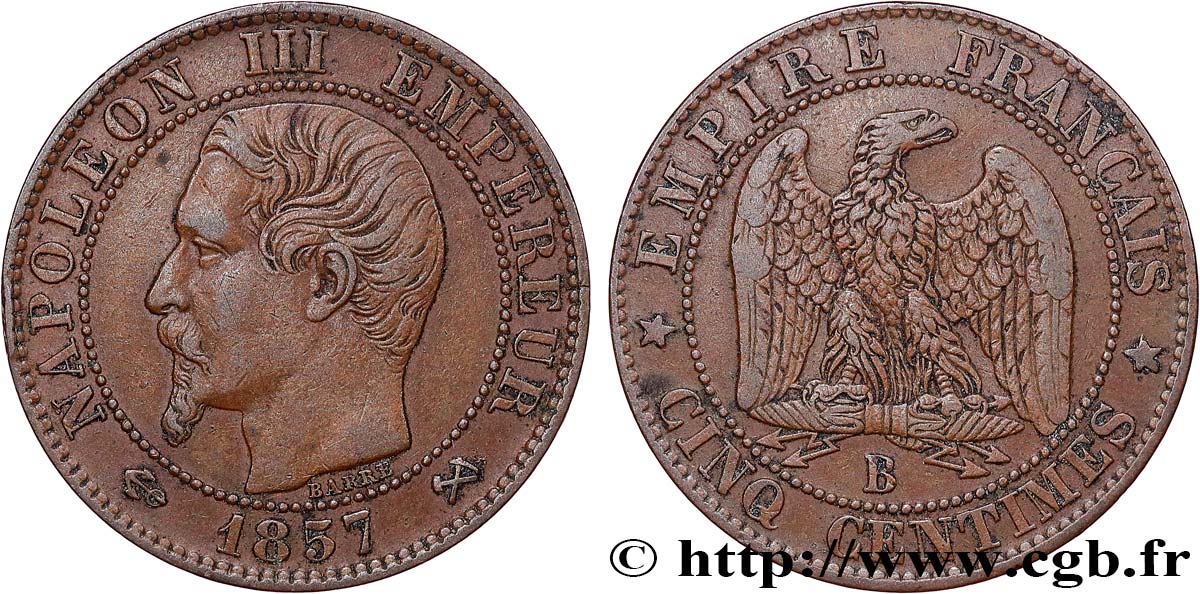 Cinq centimes Napoléon III, tête nue 1857 Rouen F.116/38 XF40 
