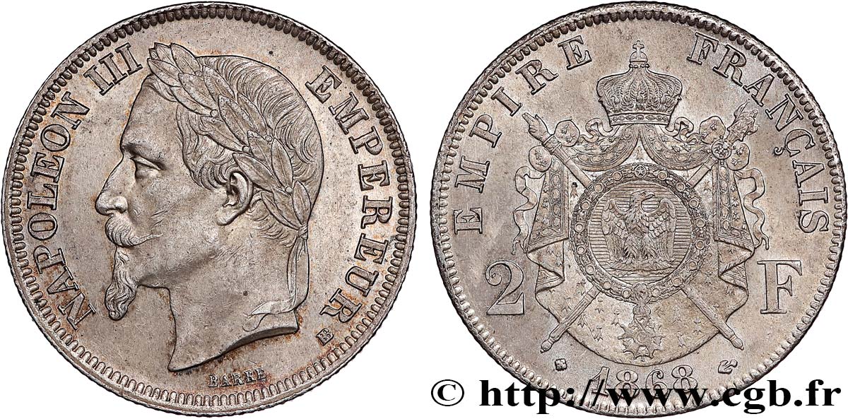 2 francs Napoléon III, tête laurée  1868 Strasbourg F.263/9 SUP+ 