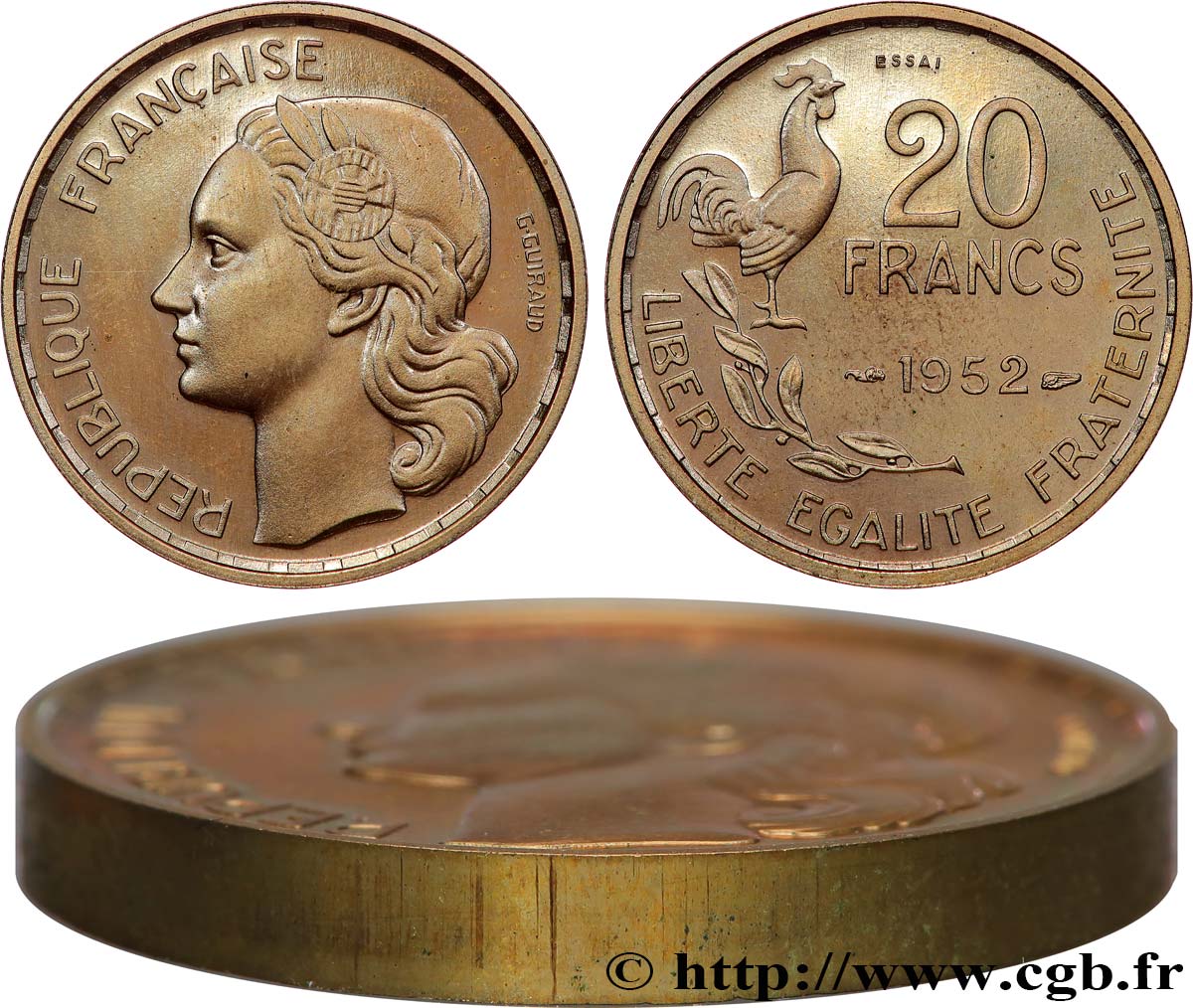 Essai-piéfort au double de 20 francs G. Guiraud, 4 faucilles 1952 Paris GEM.211 EP1 MS65 
