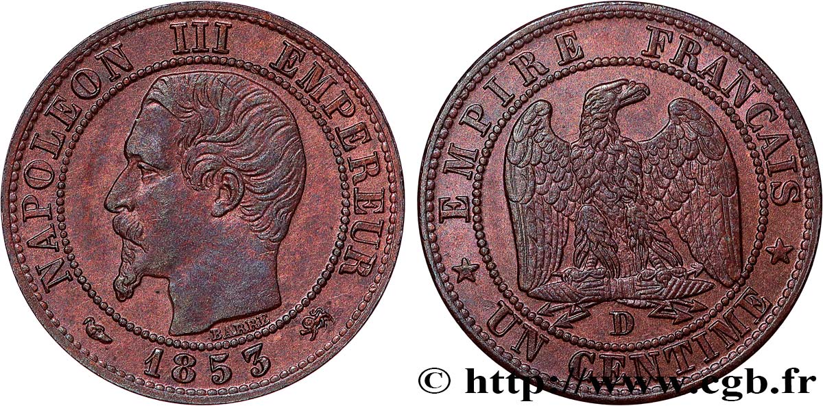 Un centime Napoléon III, tête nue 1853 Lyon F.102/4 MS61 