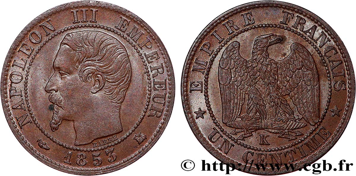 Un centime Napoléon III, tête nue 1853 Bordeaux F.102/5 MS62 