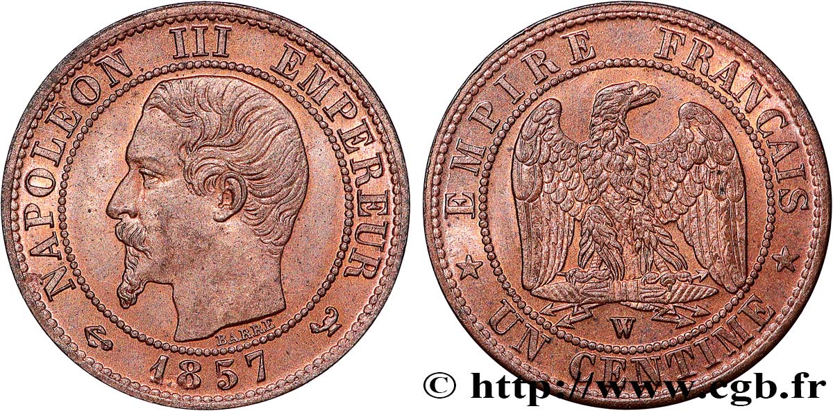 Un centime Napoléon III, tête nue 1857 Lille F.102/38 MS65 
