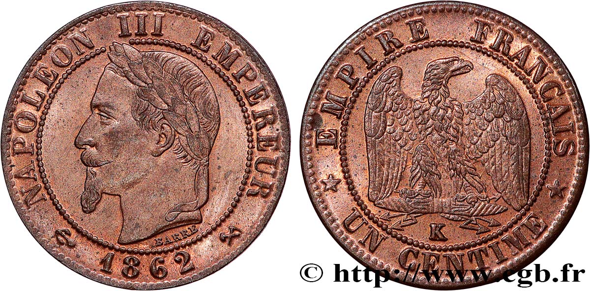 Un centime Napoléon III, tête laurée 1862 Bordeaux F.103/7 MS64 