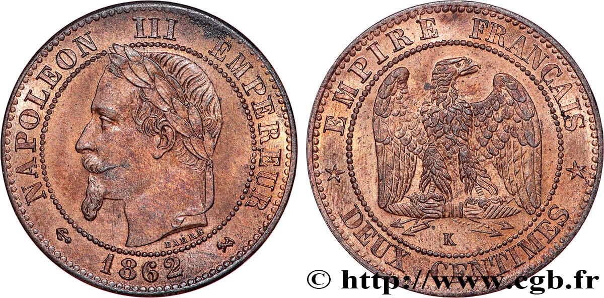 Deux centimes Napoléon III, tête laurée 1862 Bordeaux F.108A/7 SPL63 